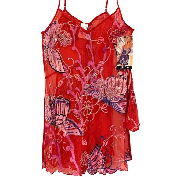 Shirley of Hollywood Chemise Womens Medium Red Silk Sheer Butterfly Floral Set - Picture 1 of 5